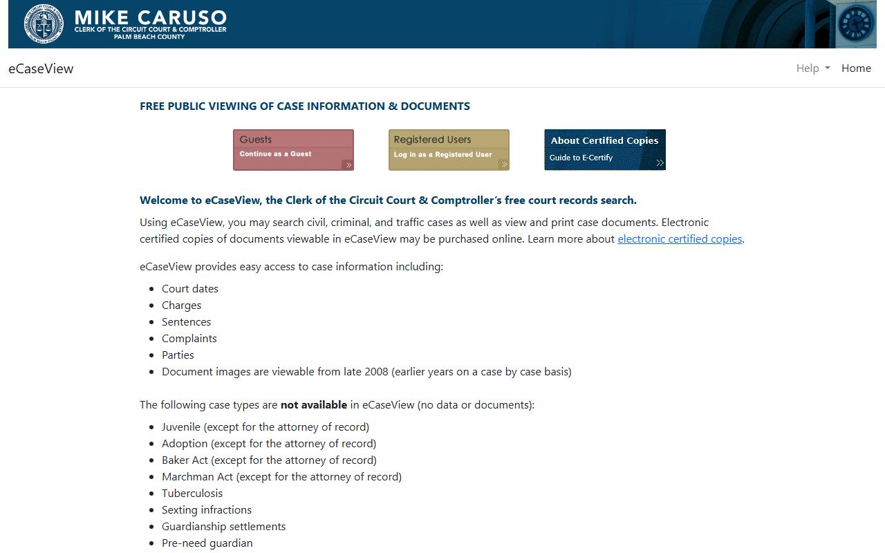 Palm Beach County Court eCaseView public records search portal