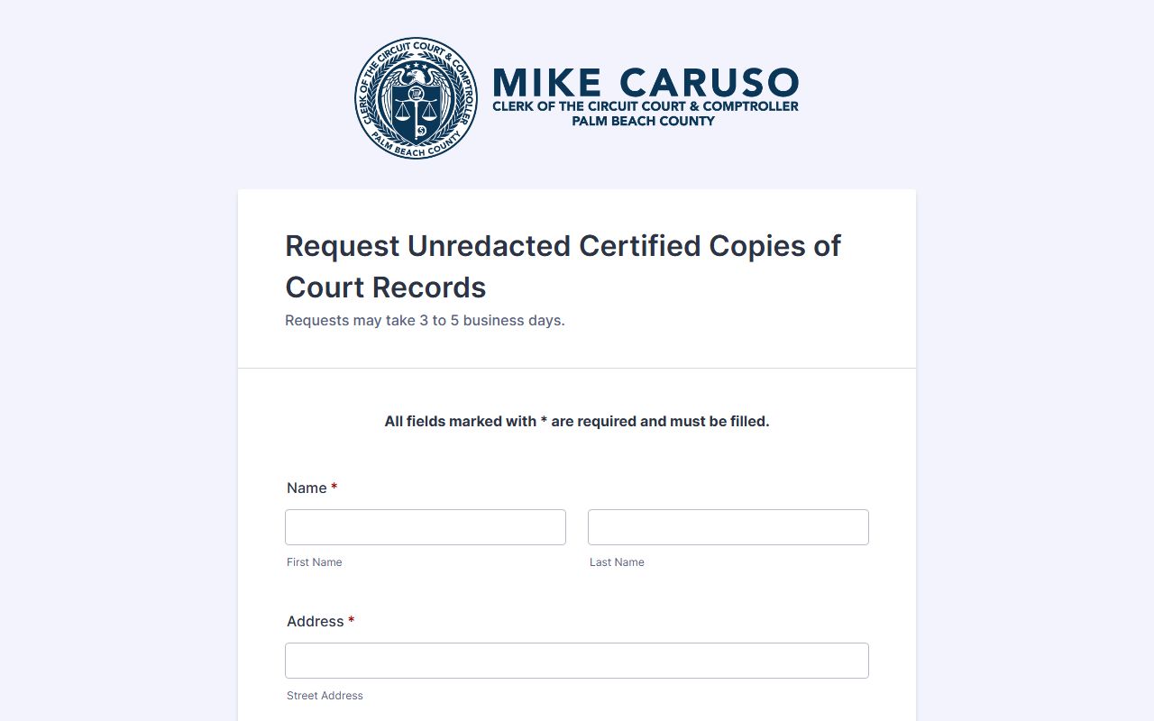 Palm Beach County court records Clerk unredacted certified copy request form