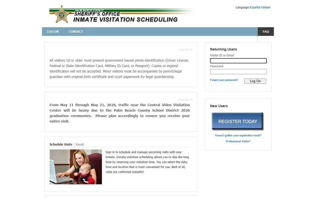 Palm Beach County inmate population PBSO video visitation system