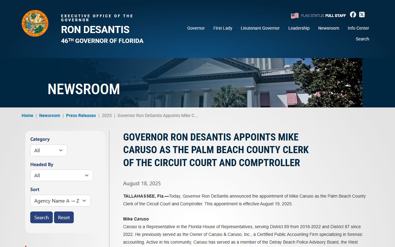 Palm Beach County inmate records Clerk Mike Caruso appointment announcement