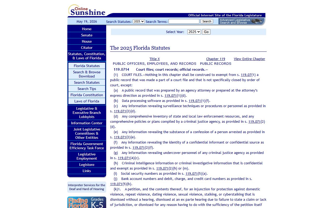 Palm Beach County probate records Florida Statutes 119.0714 court files