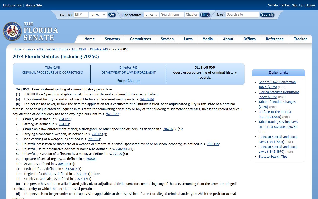 Palm Beach County public records Florida Statutes 943.059 sealing