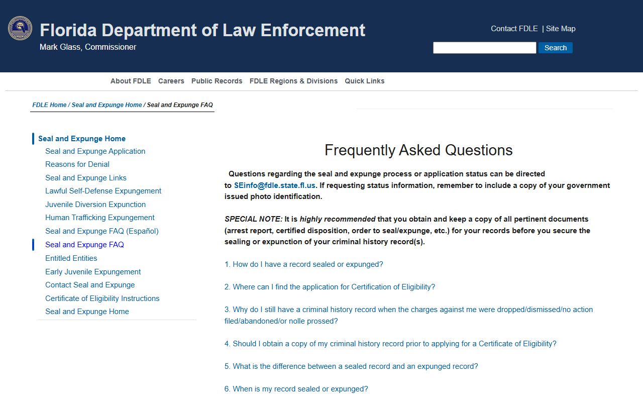 Palm Beach County public records FDLE sealing expungement FAQ